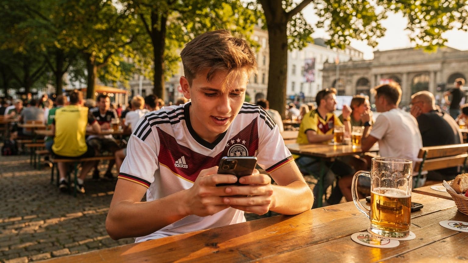Ein junger Fußballfan in einem Deutschlandtrikot schaut auf sein Smartphone, während er in einem belebten Biergarten in Berlin sitzt und das Spiel verfolgt.