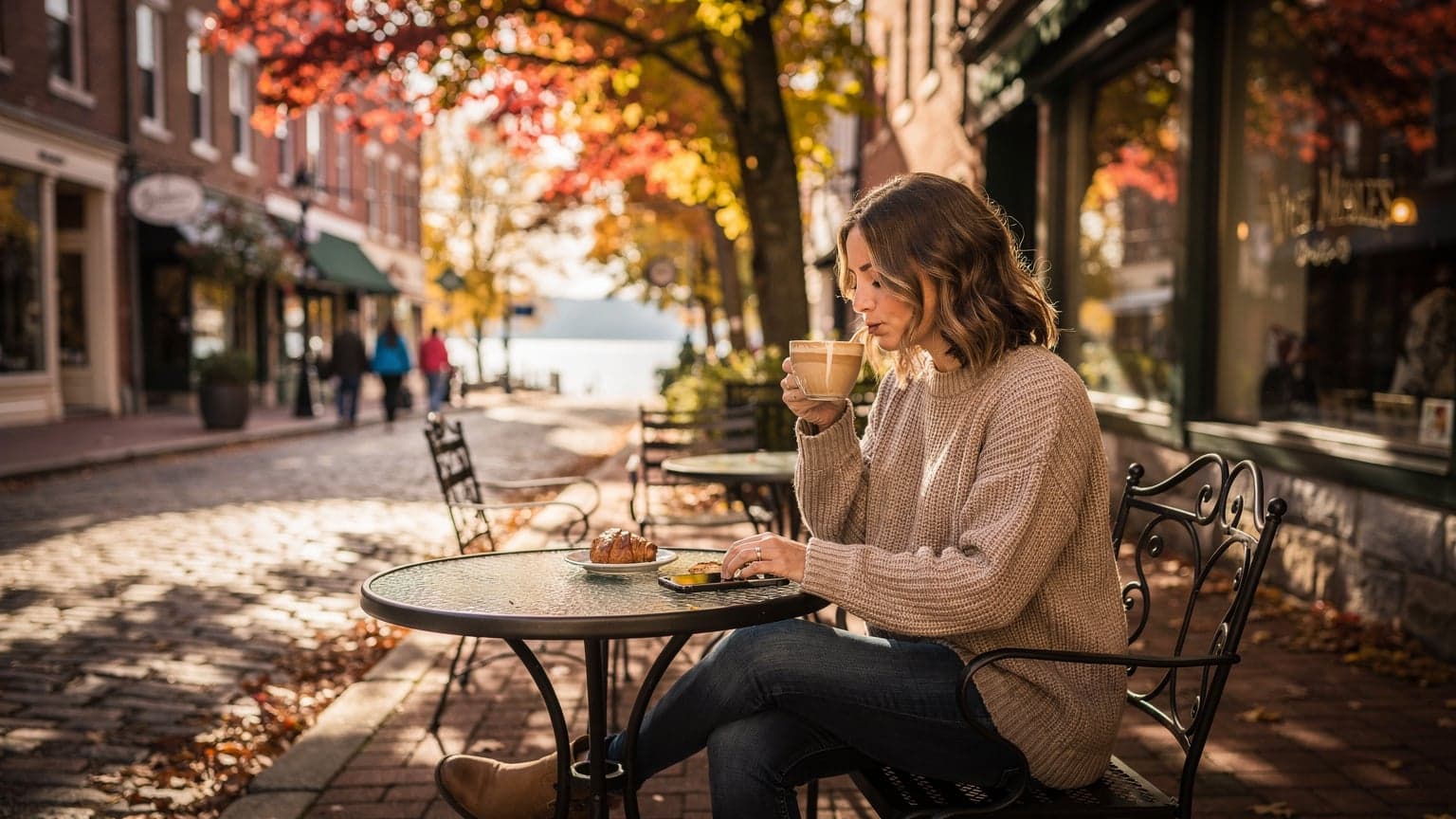 A woman sips coffee at an outdoor cafe in Burlington, Vermont, surrounded by vibrant autumn foliage, checking her phone.