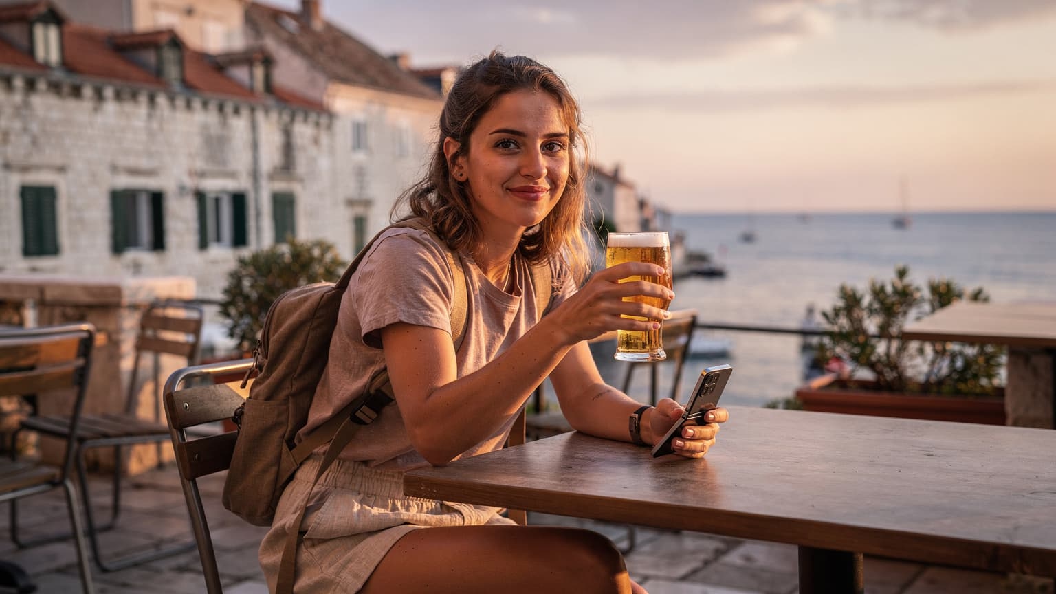 Una viajera joven con una mochila pequeña revisa su Samsung Galaxy Z Flip 8 plegable en una terraza con vistas al mar Mediterráneo en Split, Croacia, durante el atardecer.
