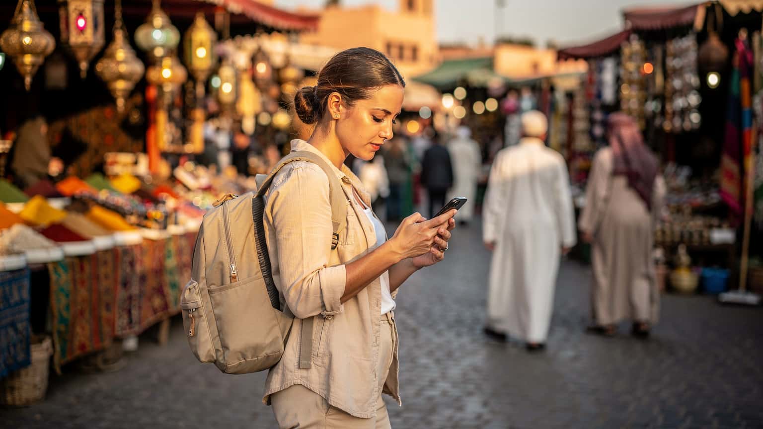A woman using her smartphone to navigate a bustling souk in Marrakech, Morocco, with vibrant textiles and spices in the background.