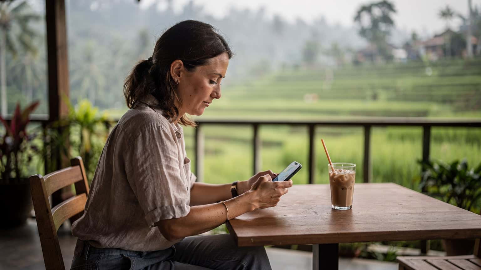 Seorang wanita digital nomad sedang melihat peta digital di ponselnya sambil duduk di teras co-working space dengan latar belakang sawah terasering di Ubud, Bali.