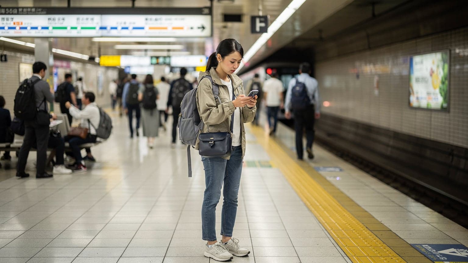大阪の賑やかな地下鉄駅のホームで、一人の若い女性がiPhone 18を片手に、次の電車の時刻表を確認している。彼女の横にはバックパックが置かれ、旅慣れた様子が伺える。