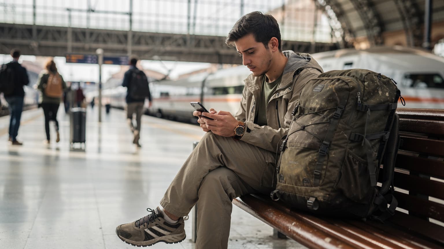 Un viajero joven en la estación de tren de Atocha en Madrid, España, revisando su iPhone para activar una eSIM antes de abordar un tren de alta velocidad, con su mochila de viaje a sus pies.