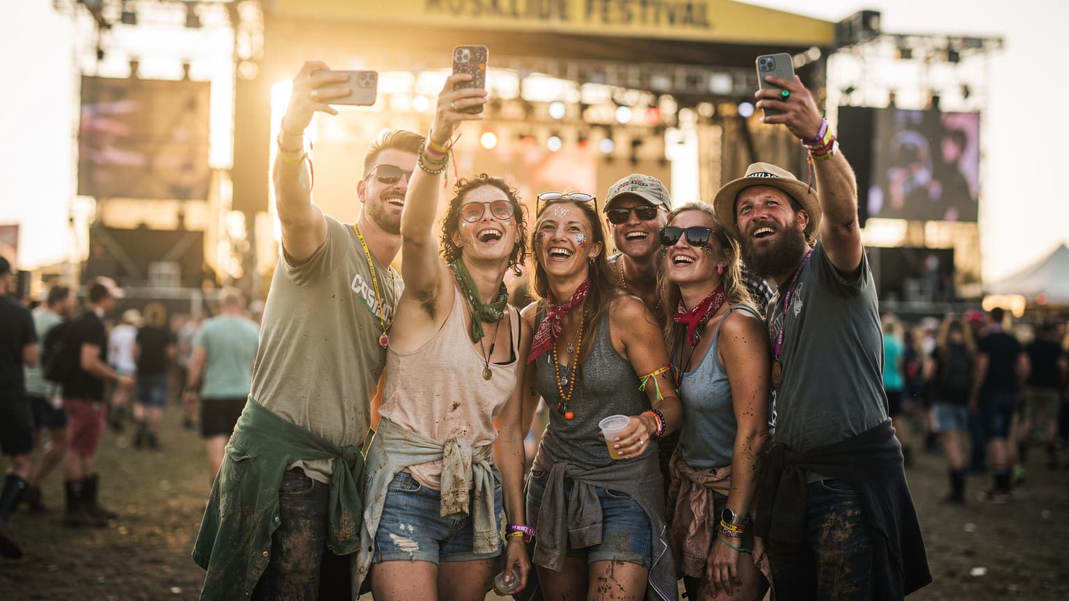 En gruppe glade festivalgængere tager en selfie med deres smartphones foran en stor scene på Roskilde Festival, solen skinner i baggrunden.