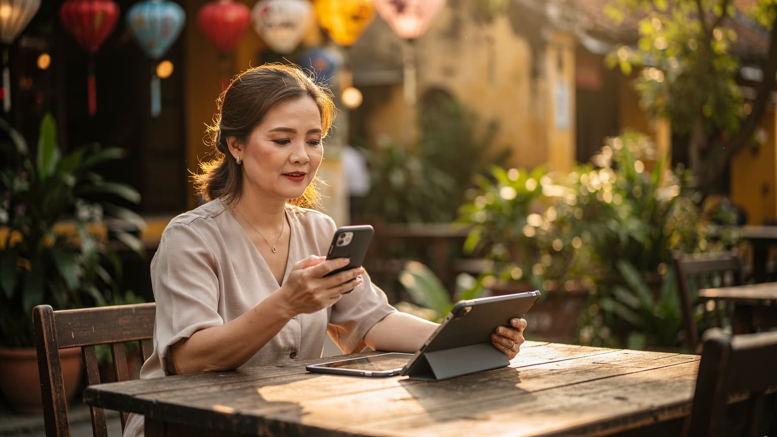 Một phụ nữ Việt Nam đang ngồi tại một quán cà phê sân thượng ở Hội An, tay cầm iPhone và máy tính bảng, kiểm tra kế hoạch du lịch và các ứng dụng cho trẻ em, với ánh nắng vàng ấm áp chiếu qua tán cây.