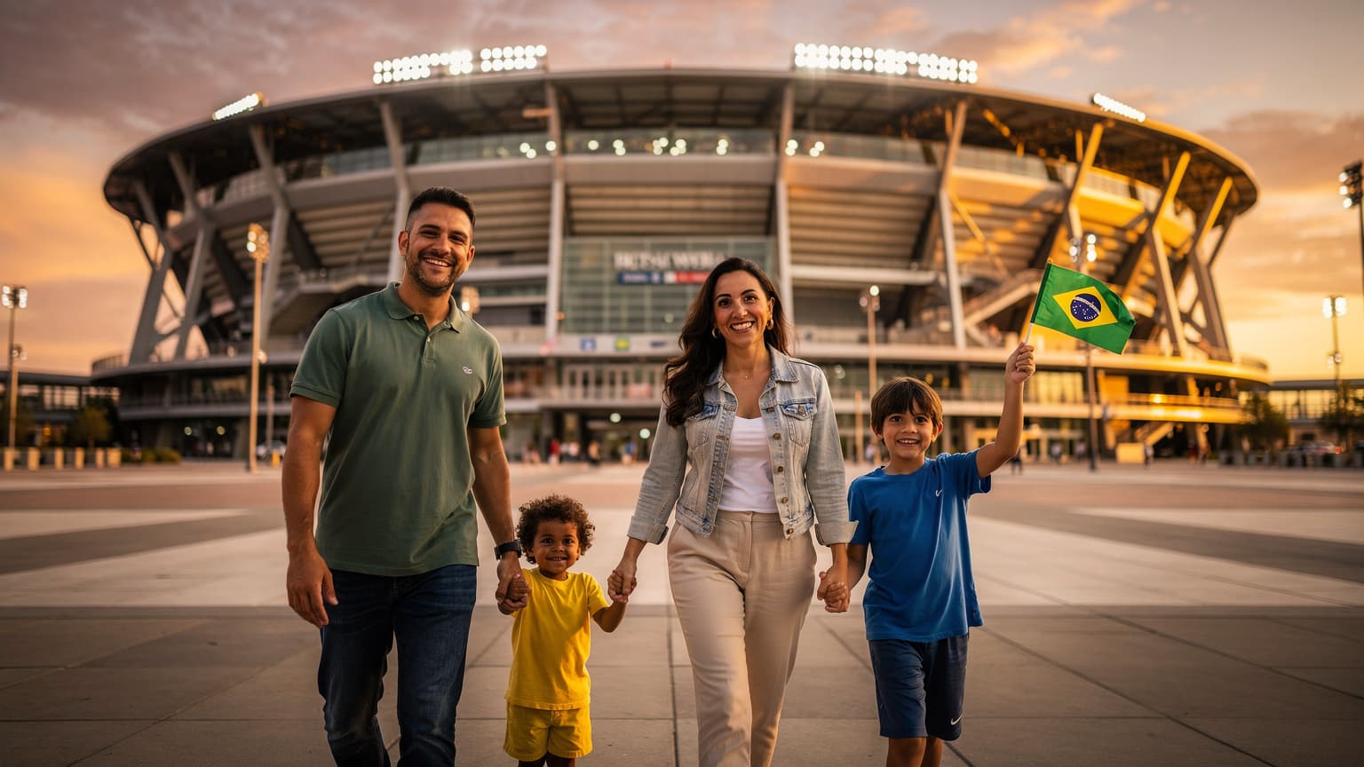 Família brasileira com dois filhos, de mãos dadas, caminhando em direção a um estádio de futebol moderno e iluminado, com as cores do pôr do sol pintando o céu.
