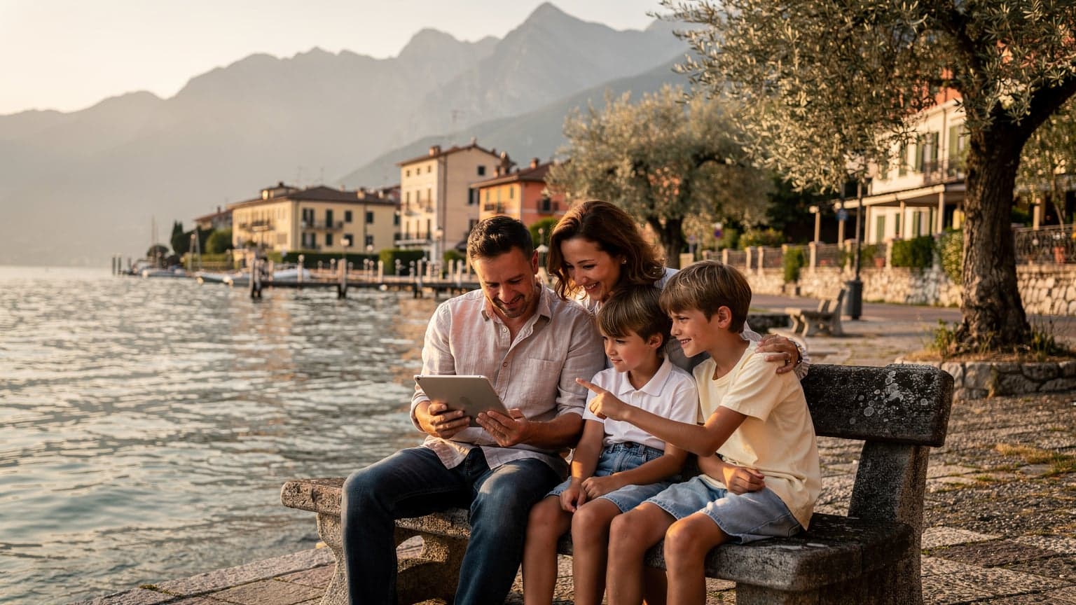 Eine Familie mit zwei Kindern am Ufer des Gardasees, die auf einer Bank sitzen und auf ein Tablet schauen, während die Sonne untergeht.