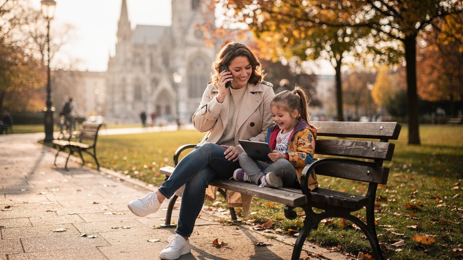 Eine Mutter sitzt auf einer Parkbank in Wien, ihr Smartphone haltend und daneben ein lachendes Kind mit einem Tablet, im Hintergrund der Stephansdom.