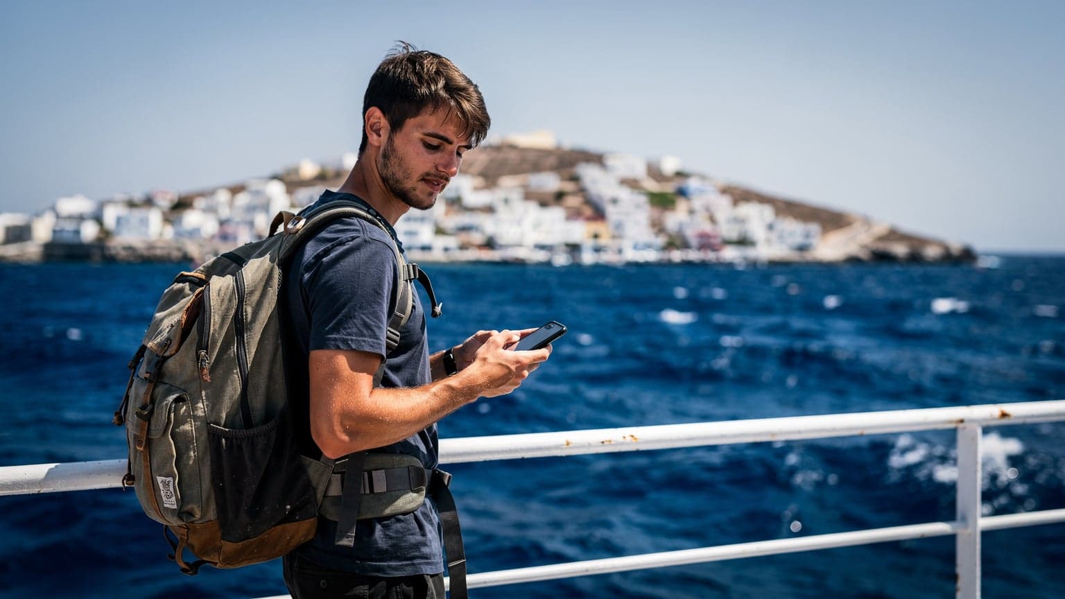 A backpacker on a ferry between Greek islands, looking at their phone with the Aegean Sea and distant islands in the background.