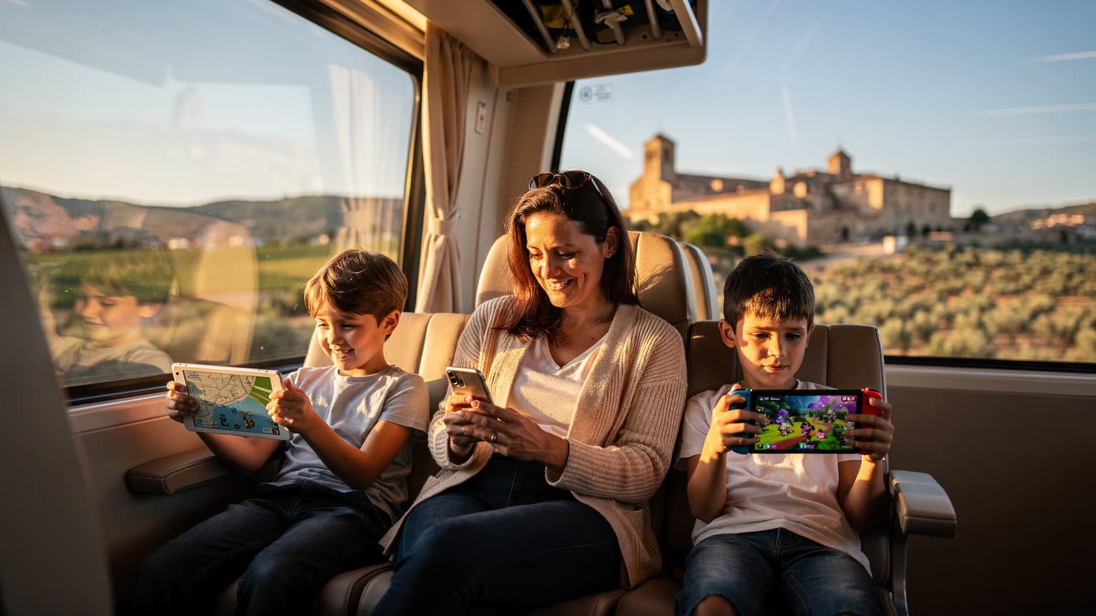 Una madre sonriente con sus dos hijos pequeños, cada uno absorto en su propio dispositivo (un iPad y una Nintendo Switch), sentados cómodamente en un vagón de tren AVE de alta velocidad que cruza un paisaje soleado de la campiña española, la luz dorada del atardecer entrando por la ventana.