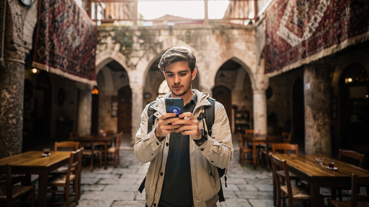 İstanbul'daki tarihi bir hanın avlusunda, elinde akıllı telefonuyla eSIM hız testi yapan genç bir gezgin.