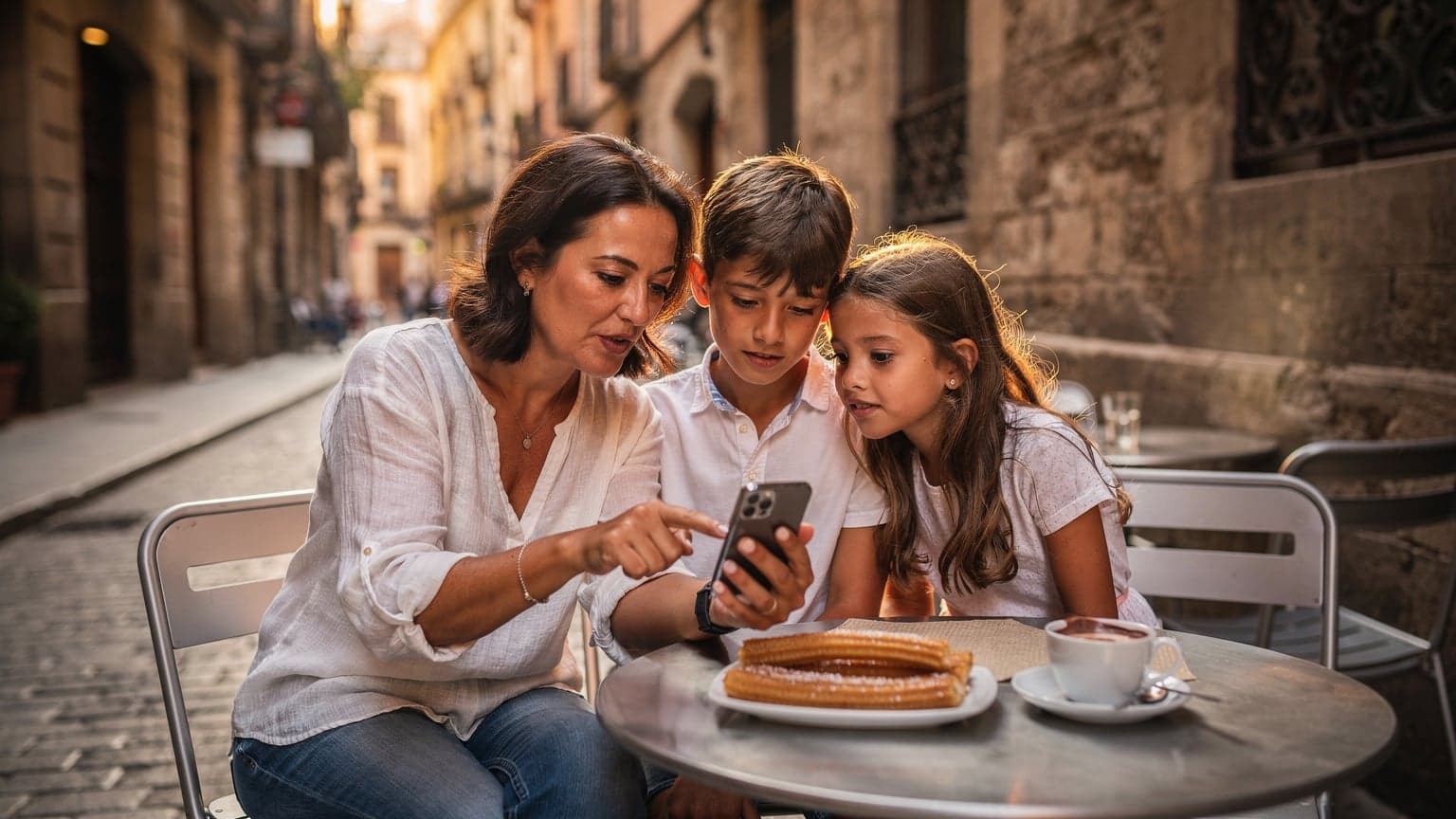 A mother and her two children, aged 8 and 10, are sitting at a bustling outdoor cafe in Barcelona's Gothic Quarter, looking at a smartphone screen together. The table has a half-eaten plate of churros and hot chocolate.