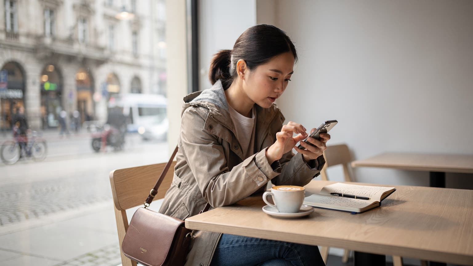 一名身穿輕便夾克的亞洲女性,坐在德國柏林米特區一家充滿陽光、裝修簡潔的咖啡館窗邊,查看手機上的 eSIM 設置,桌上放著一杯拿鐵和一本旅遊筆記本。