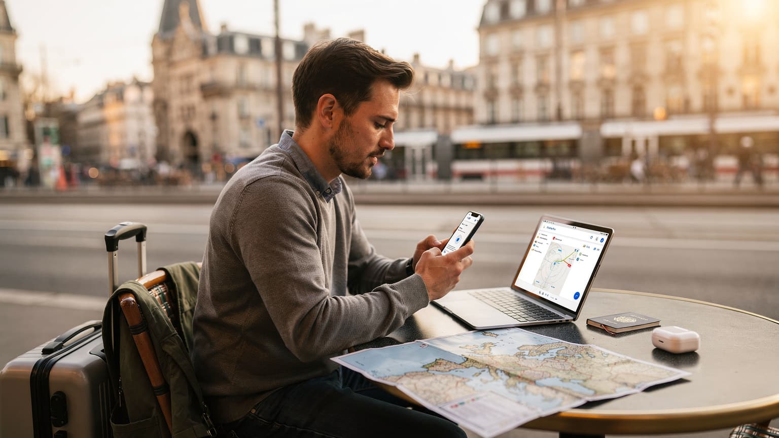 Una viajera joven y sonriente consulta su teléfono mientras espera en la estación de tren Gare du Nord en París, con un tren Thalys de fondo, capturando la emoción de la conectividad en Europa.