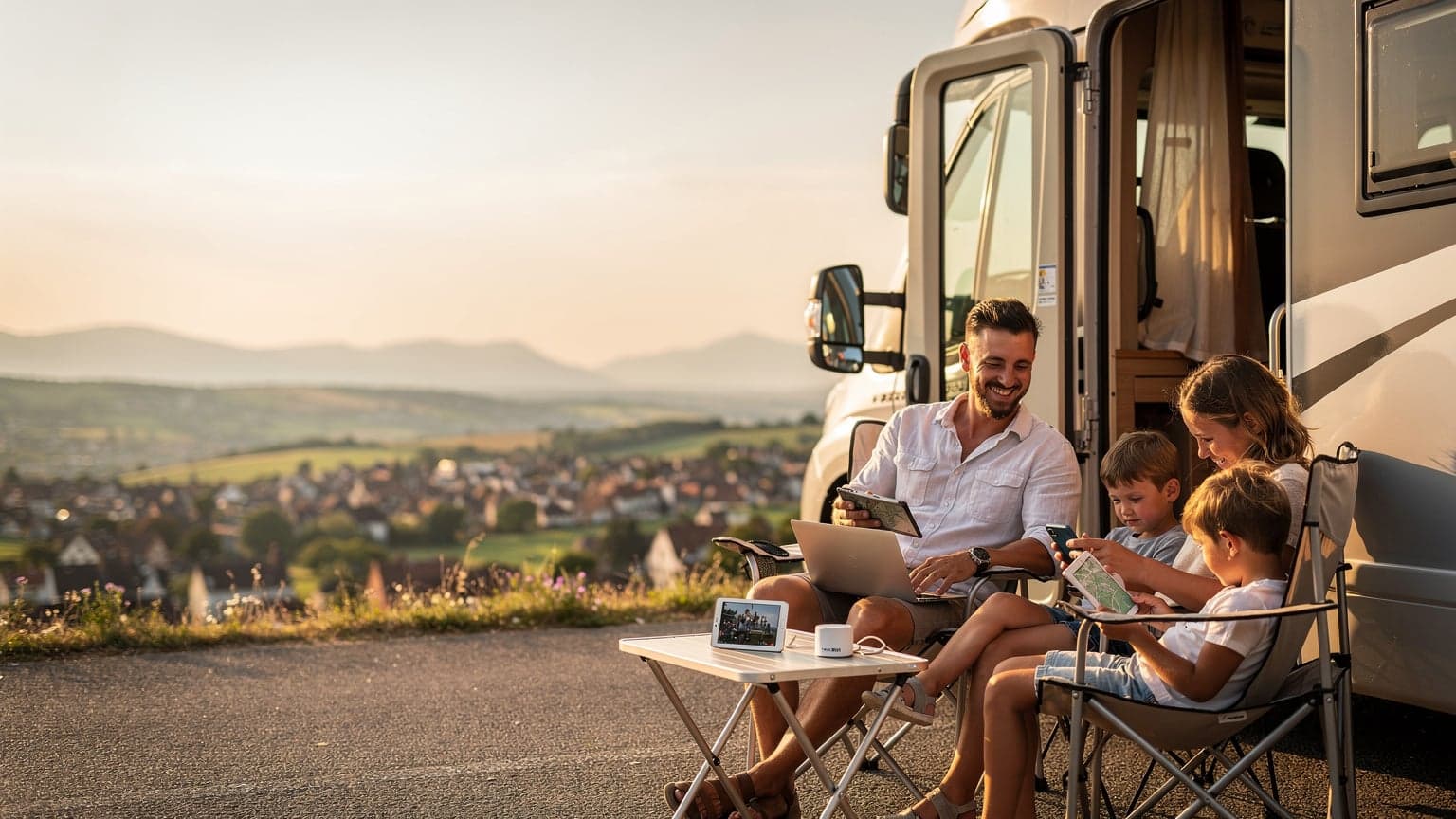 En familie på fire, to voksne og to barn, sitter rundt et campingbord utenfor en bobil med utsikt over en innsjø i Alpene, alle smiler mens de ser på en nettbrett, et kart og en smarttelefon.