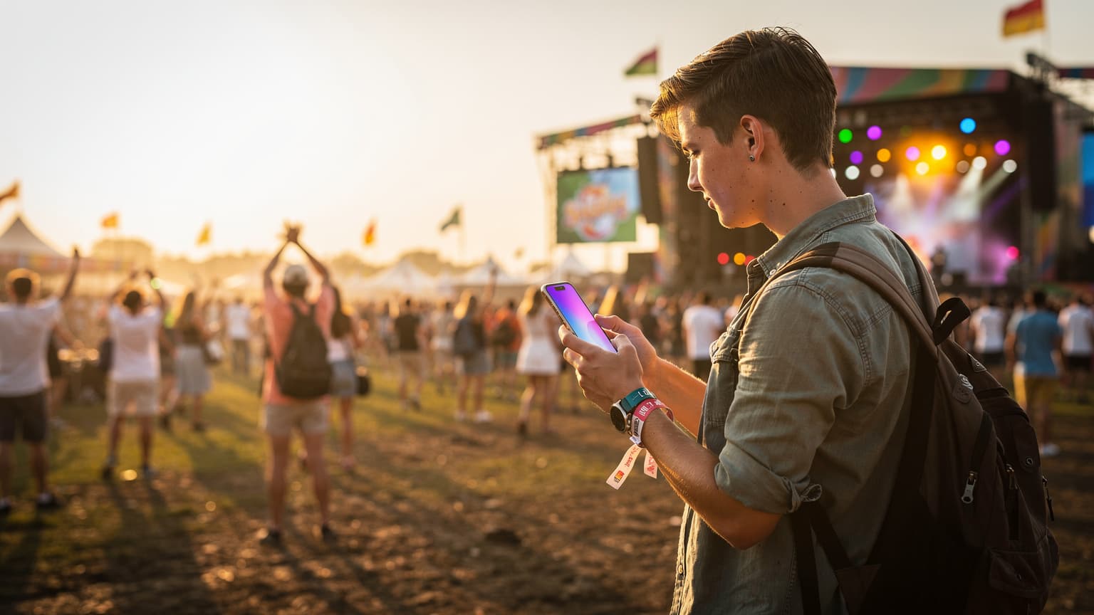 Een groep vrienden, zichtbaar in extase, juicht bij zonsondergang op een druk muziekfestivalpodium in België, terwijl een van hen met een smartphone een foto maakt van de menigte.