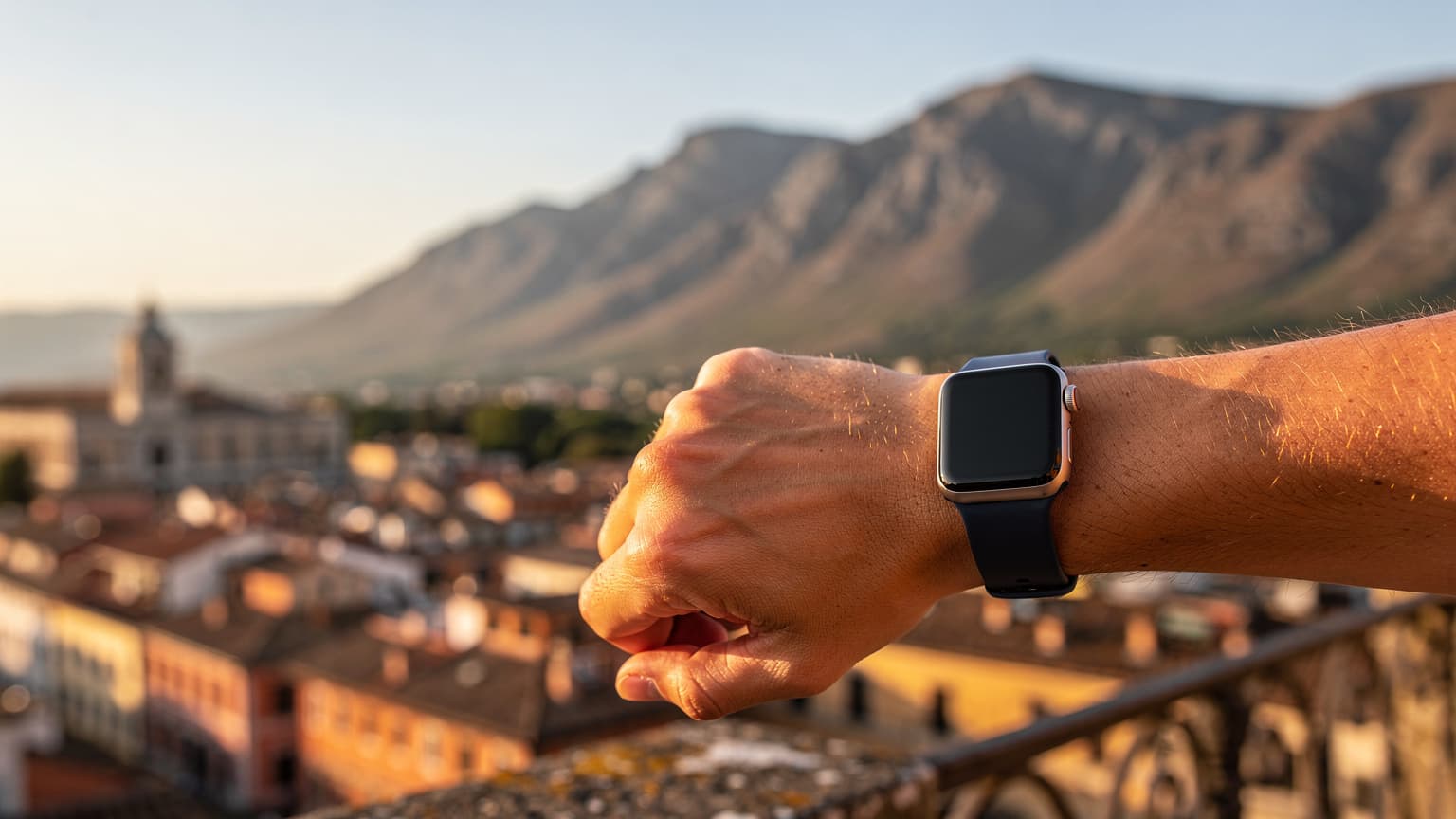 Eine Frau in ihren frühen Dreißigern mit einer Apple Watch am Handgelenk, die auf einer lebhaften Straße in der Ciutat Vella in Barcelona läuft, während sie einen digitalen Stadtplan prüft.