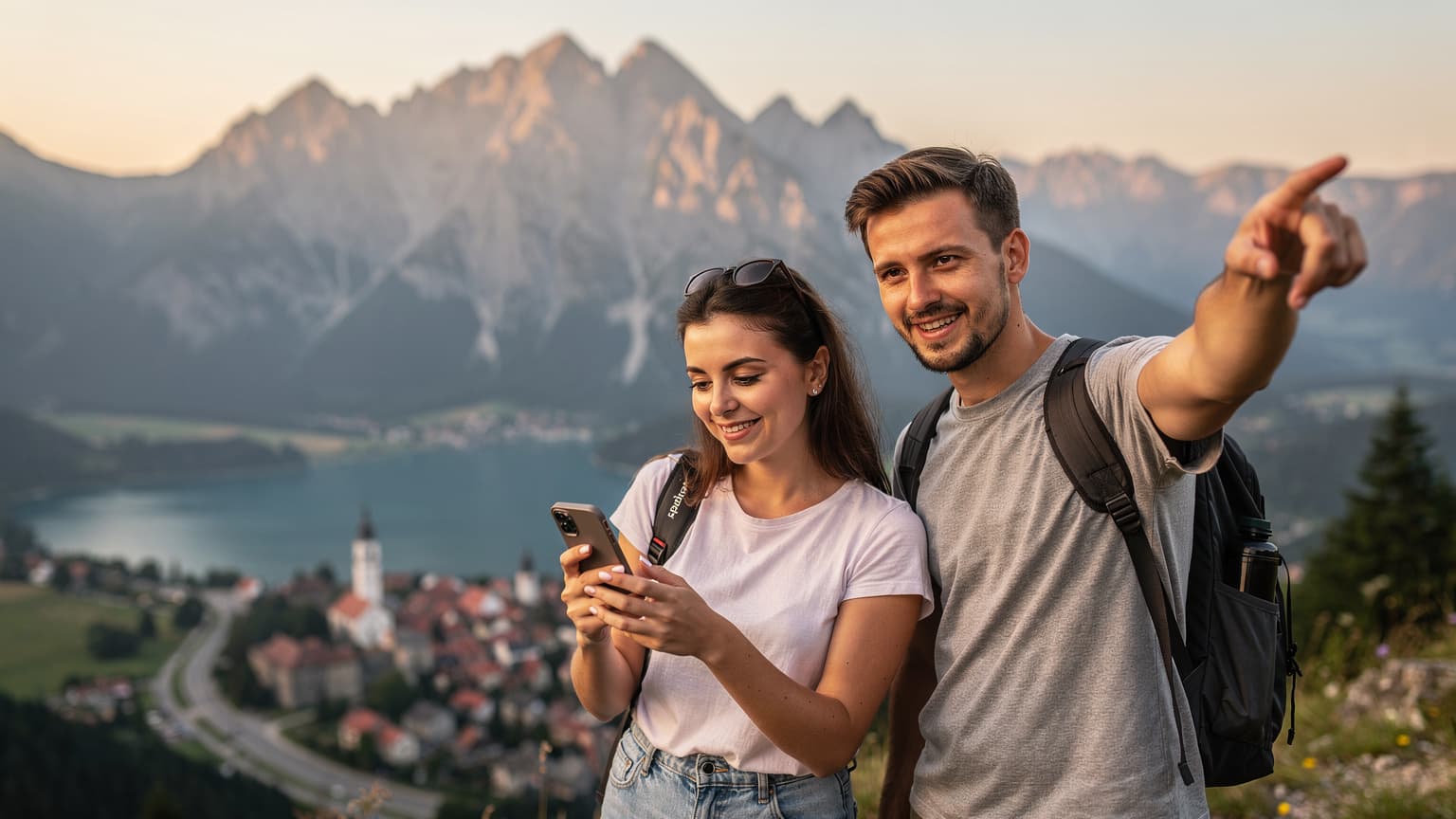 Mladá žena s chytrým telefonem, který zobrazuje mapu, stojí na malebném náměstí Rynek Główny v Krakově, v pozadí je vidět Sukiennice, za slunného podzimního dne.
