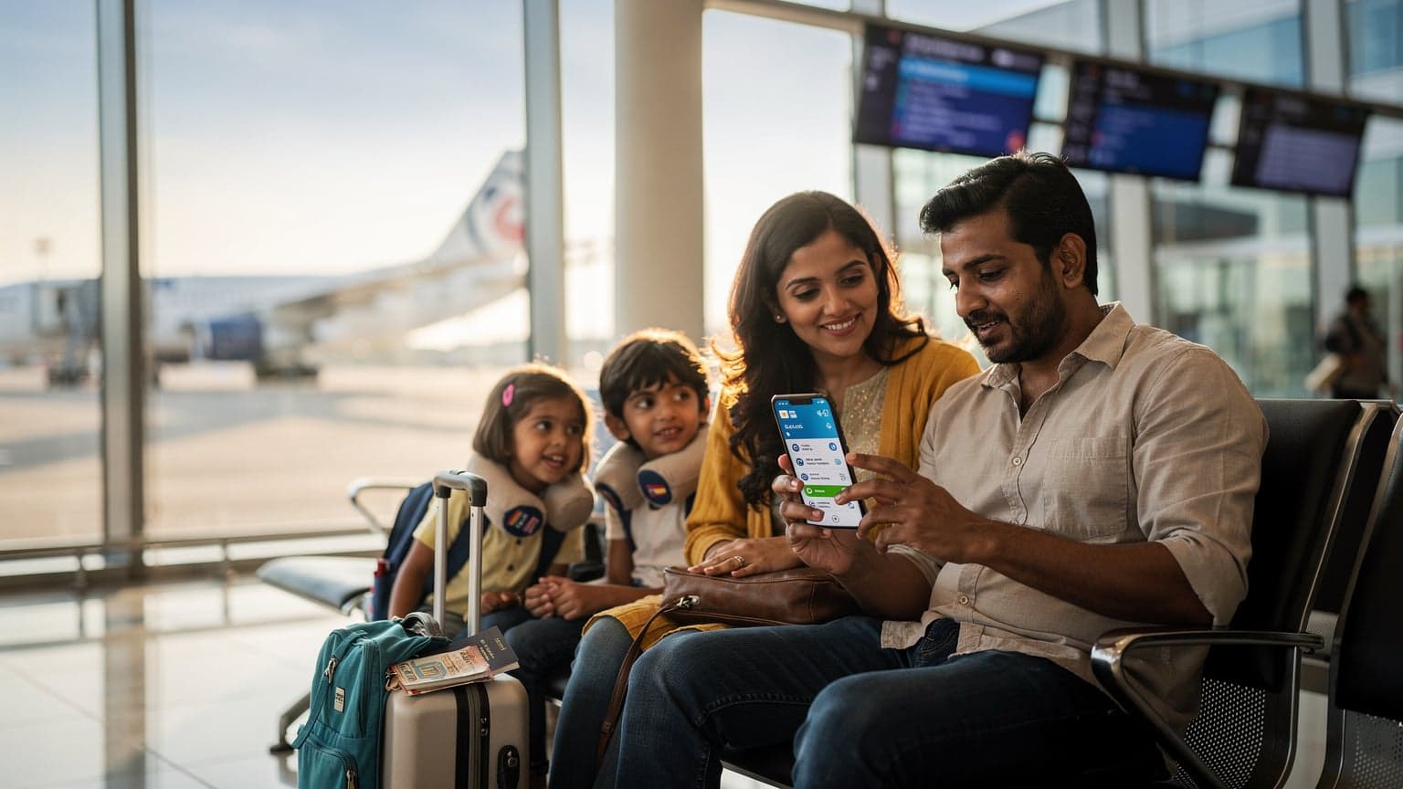 एक व्यस्त हवाई अड्डे के लाउंज में, एक भारतीय परिवार अपने टैबलेट और स्मार्टफोन पर eSIM सेटिंग्स की जाँच कर रहा है, जहाँ बच्चे उत्सुकता से अपनी पसंदीदा स्ट्रीमिंग ऐप देख रहे हैं।