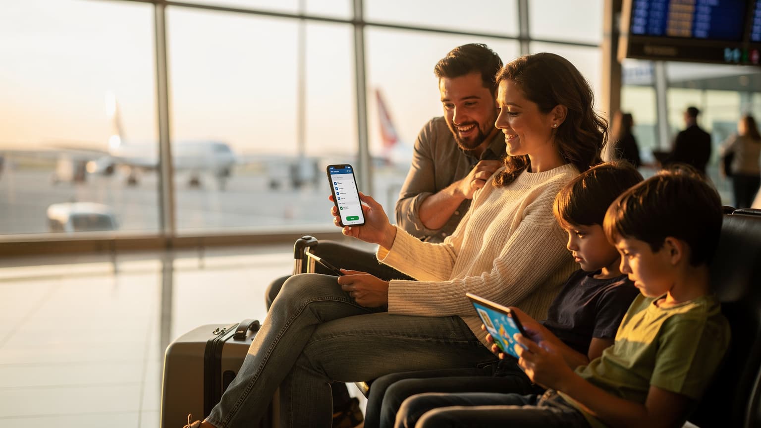 A family, two parents and two children aged 8 and 10, are looking at a smartphone together on a sunny outdoor patio in Rome, with ancient Roman architecture visible in the background.