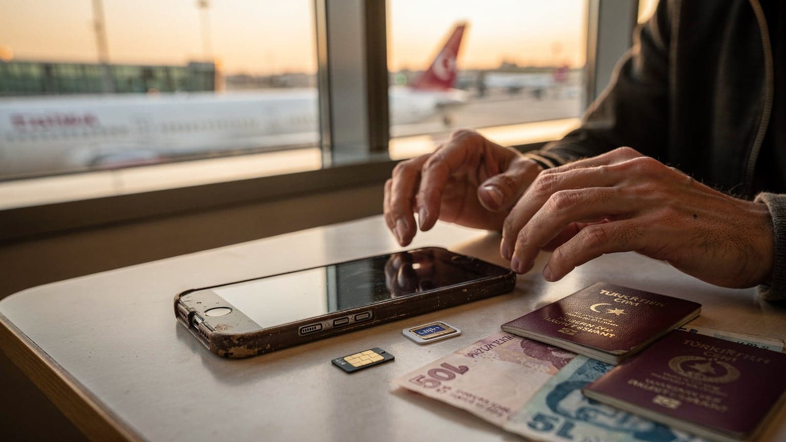İstanbul'un Karaköy semtindeki bir kafede, pencerenin kenarında, bir el eski model bir akıllı telefonu inceliyor, arka planda Boğaz ve tarihi binalar flu bir şekilde görünüyor.