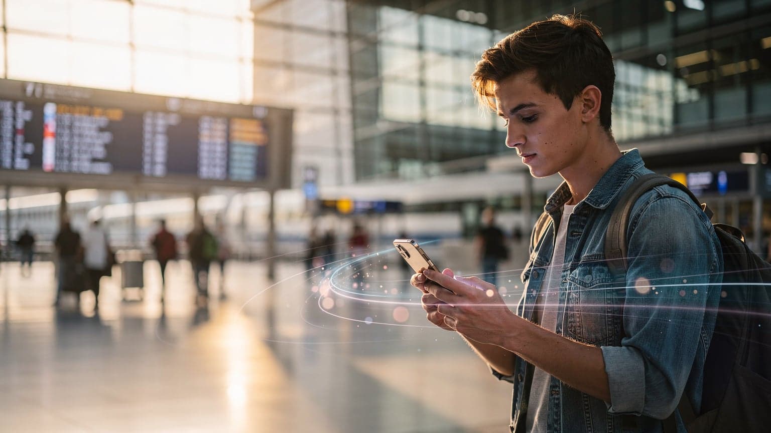 Bir İstanbul simitçisinde oturan genç bir backpacker, elindeki akıllı telefondan eSIM optik teknolojisi hakkında bilgi alıyor, arka planda Boğaz ve tarihi yarımada silüeti görünüyor.