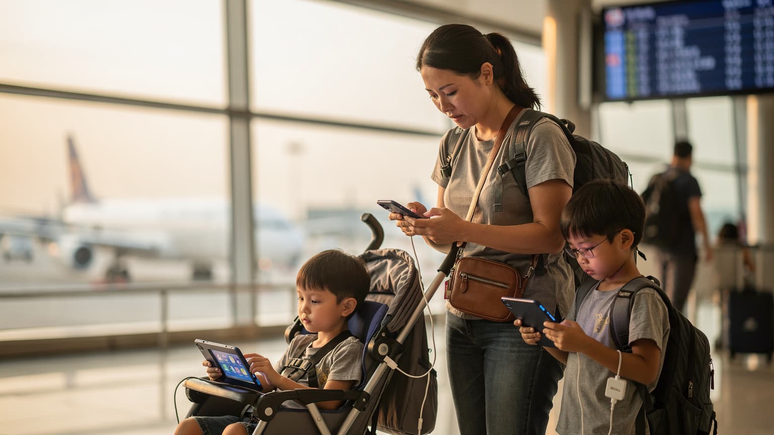 一位媽媽在香港國際機場的登機口,一手拿著她的港版 iPhone,另一手牽著一個興奮地看著 iPad 的小男孩,背景是繁忙的候機大廳和準備登機的人群。