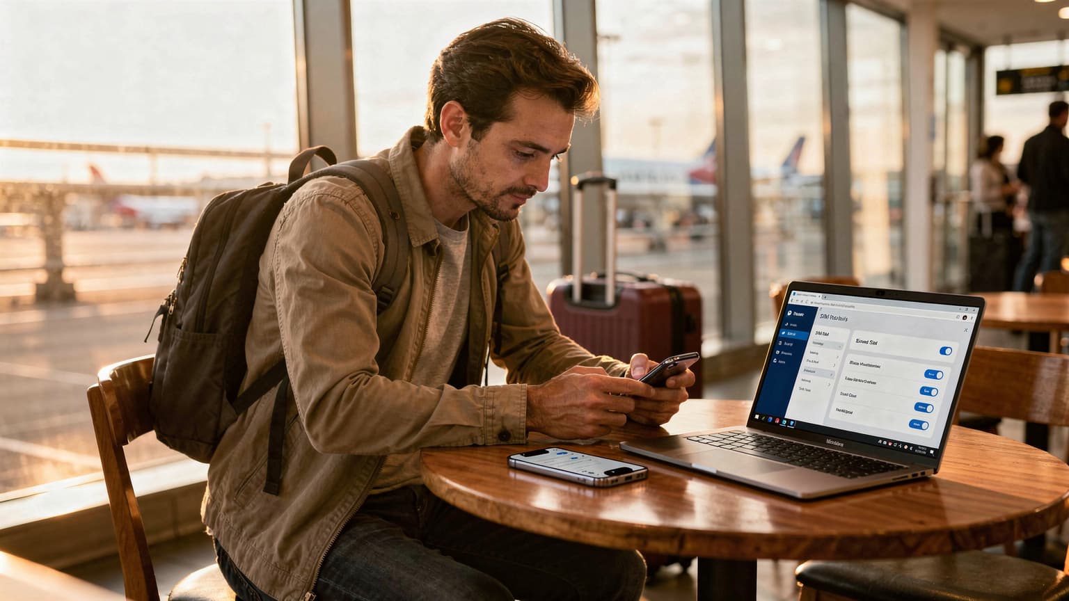 A person with a focused expression, looking at a smartphone screen displaying network settings, inside a bustling airport lounge with luggage nearby.