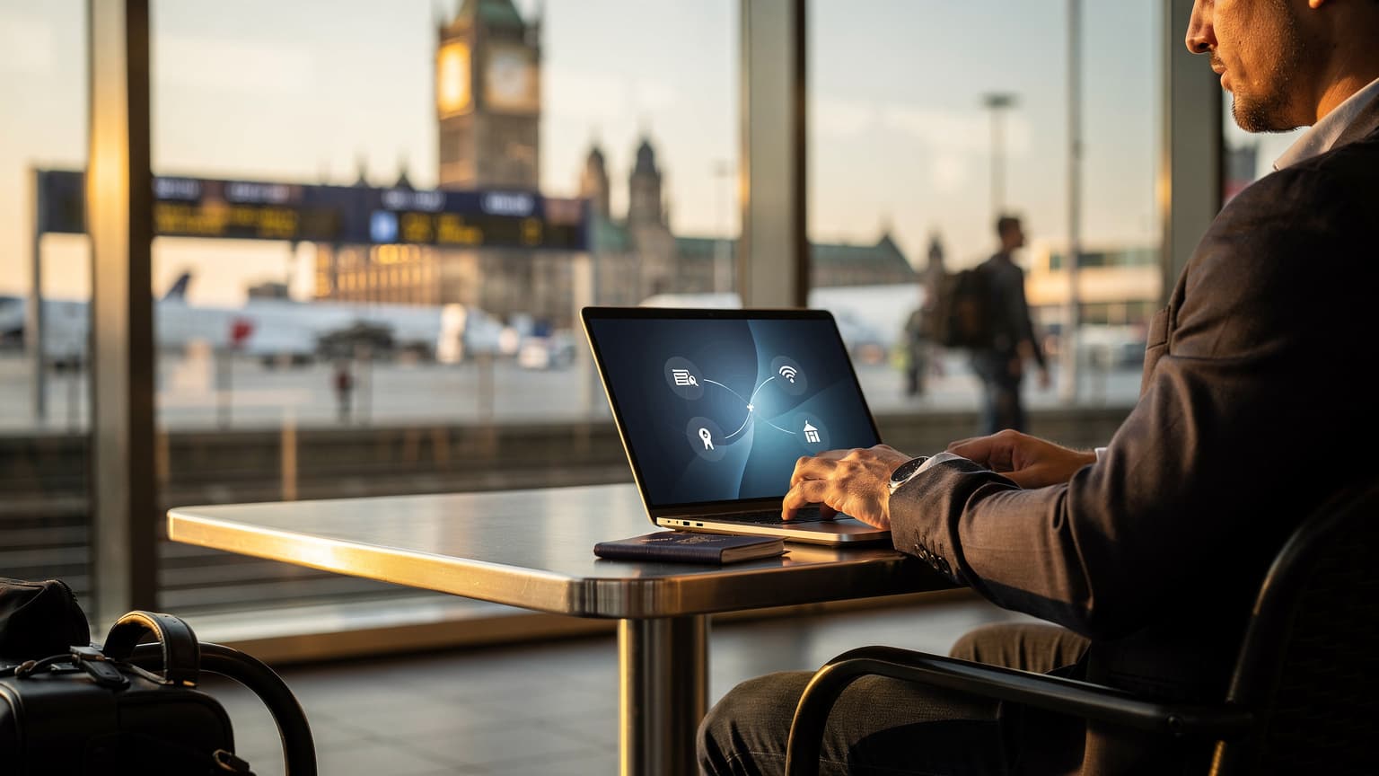 A digital nomad works on a laptop with an open window view of a bustling street in Lisbon's Chiado neighborhood.
