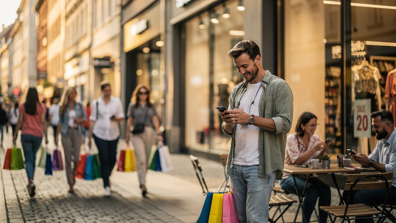 Młoda kobieta z uśmiechem przegląda telefon, siedząc przy stoliku w berlińskiej kawiarni, z tle rozmazane witryny sklepowe pełne wyprzedażowych ofert.