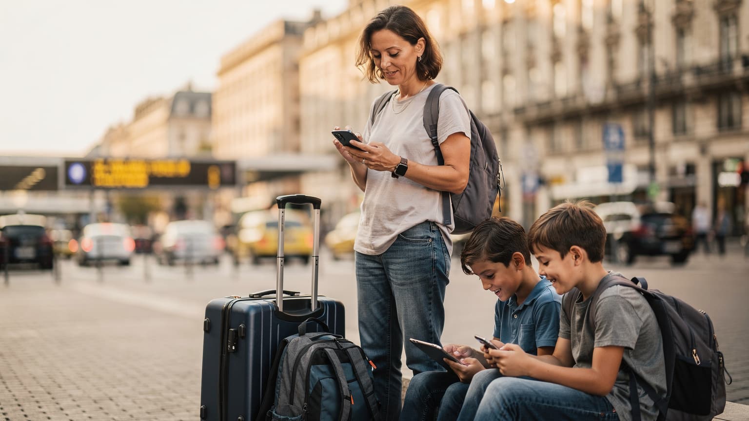 En familie på fire, foreldre og to barn i alderen 8 og 10, smiler og ser på en smarttelefon med en eSIM-app åpen, mens de sitter ved et utendørs kafébord i en travel europeisk by.