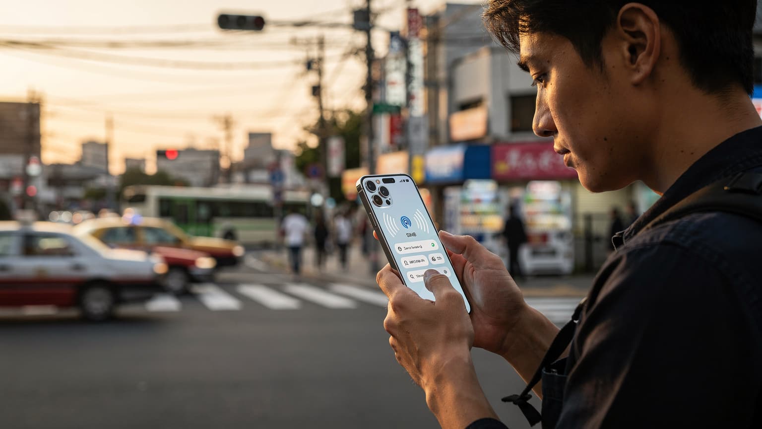 หญิงสาวกำลังยืนอยู่บนชานชาลาสถานีรถไฟโตเกียวเมโทร มองหน้าจอ iPhone 15 Pro Max ของเธอด้วยรอยยิ้ม ขณะที่รถไฟกำลังจะเข้าเทียบชานชาลา
