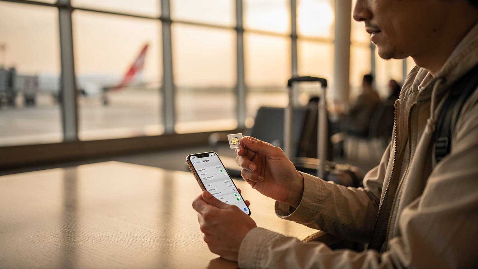羽田空港国際線ターミナルで、搭乗を待つ間にiPhoneでeSIMの設定を最終確認している日本の女性旅行者。