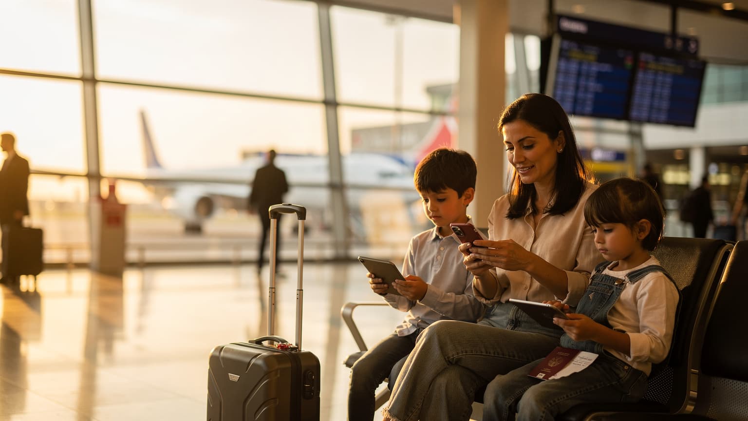 İstanbul Havalimanı'nda, pasaport kontrolünden geçmiş, elinde iPad ve telefon tutan, 8 ve 10 yaşlarında iki çocuğuyla birlikte bekleyen gülümseyen bir anne.