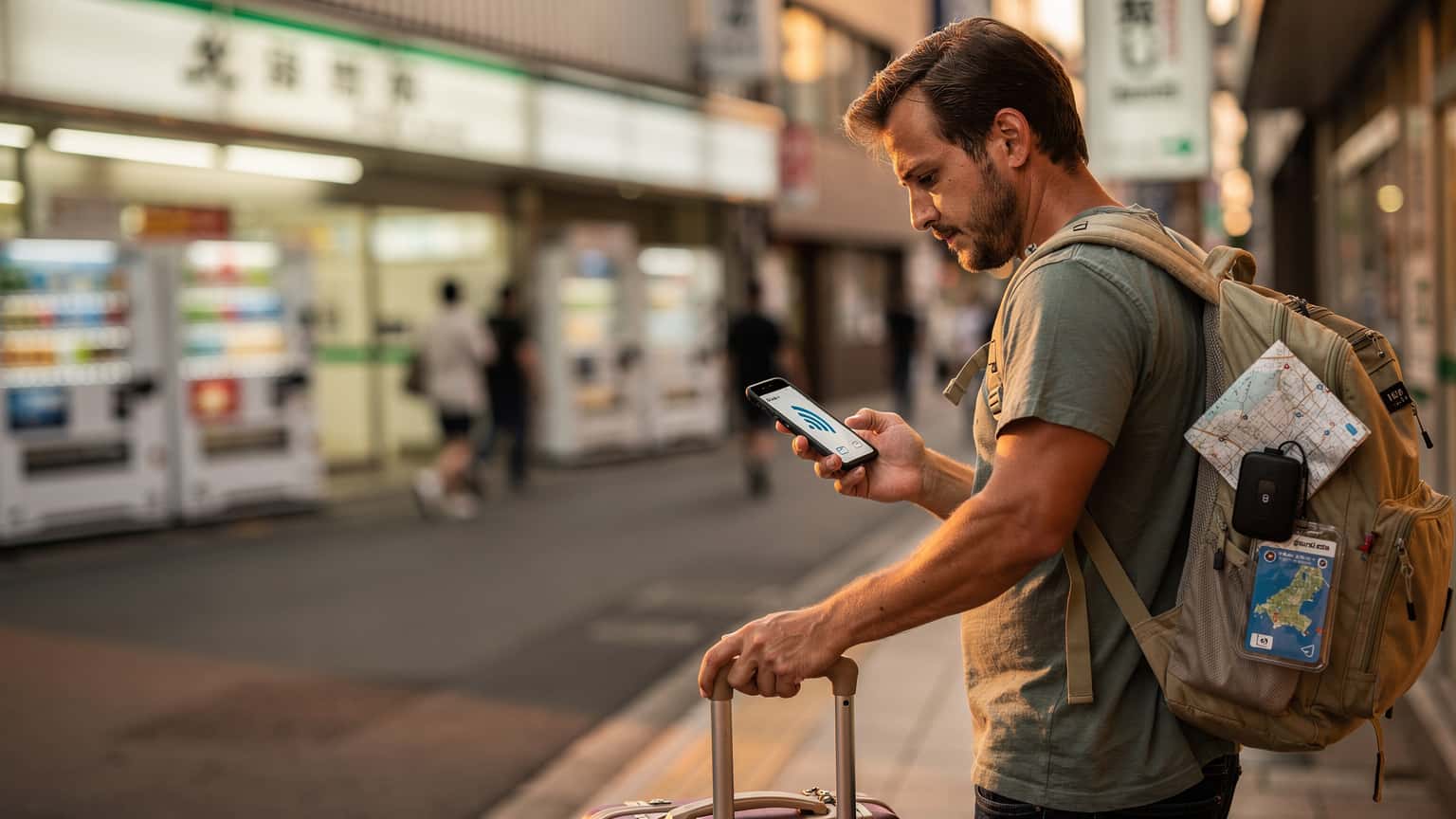A solo female traveler, Rachel Kim, looks at her phone in a busy Shibuya crossing, with the iconic Tokyo buildings and neon signs blurred in the background, under the soft glow of dusk.