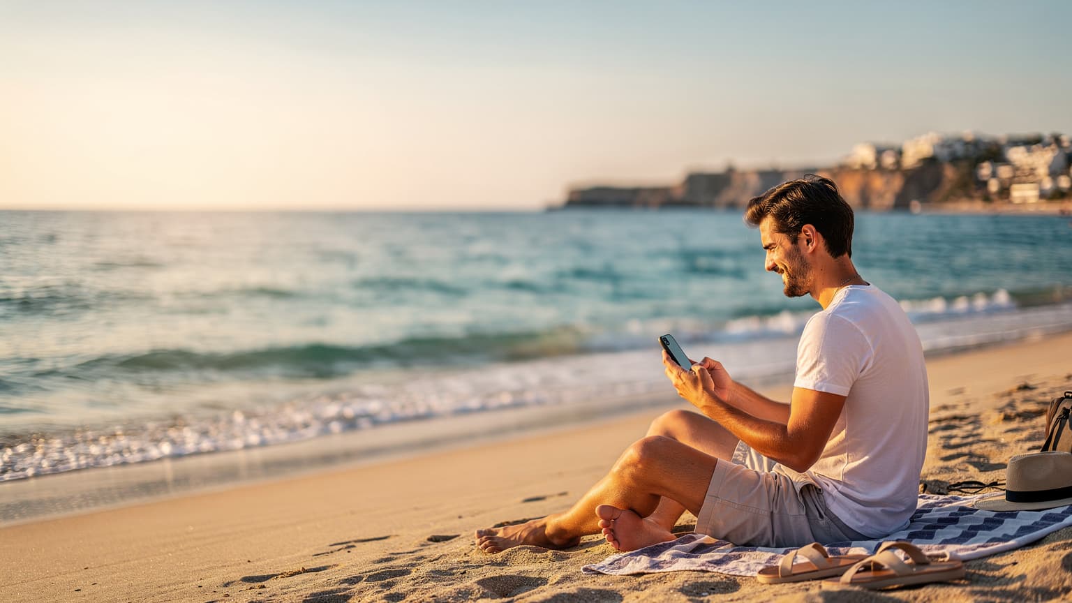 Una mujer joven con gafas de sol revisa su teléfono en una tumbona en la playa de la Barceloneta, con el mar Mediterráneo de fondo.