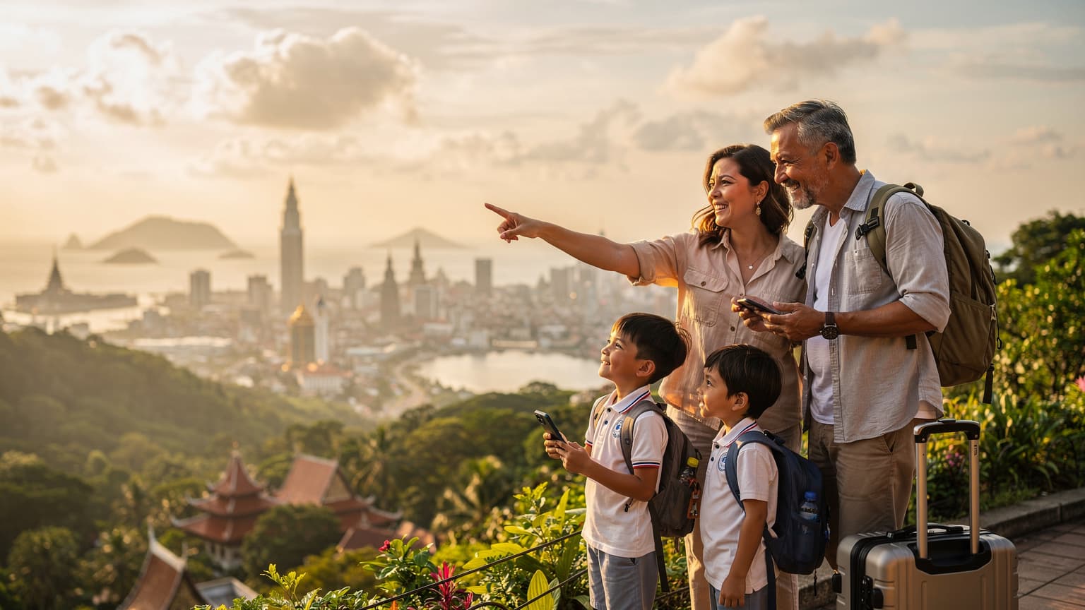 Sebuah keluarga Malaysia tersenyum sambil melihat telefon di tangan ibu, di hadapan mercu tanda Menara Kembar Petronas yang terang pada waktu senja, menunjukkan kebahagiaan percutian dengan sambungan digital.
