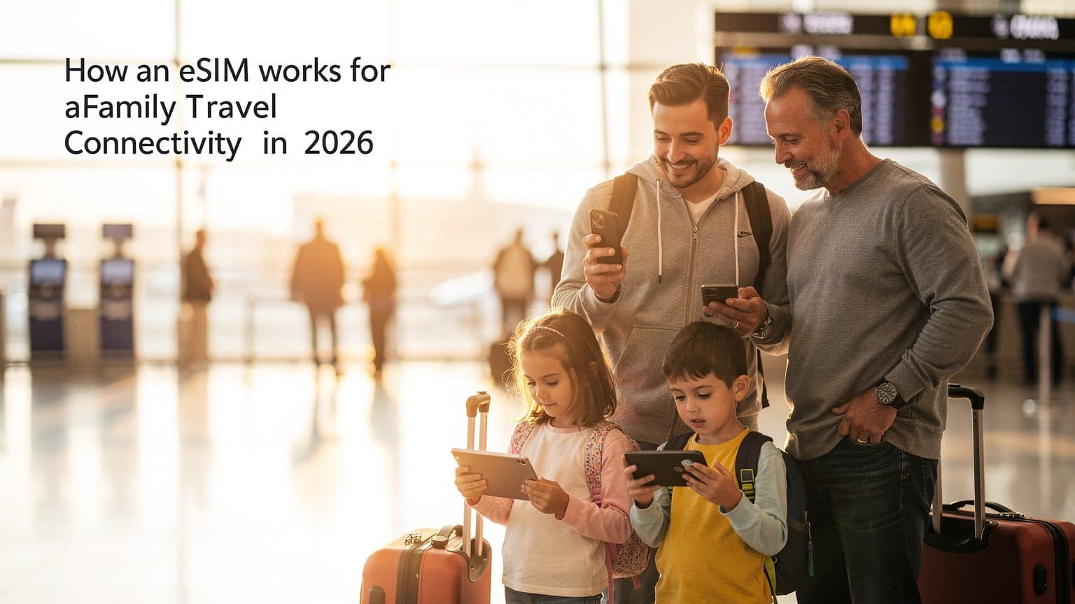 A family, including two children aged 8 and 10, walking through a bustling international airport terminal, looking excited about their trip, while the mother checks her phone with a relaxed smile.