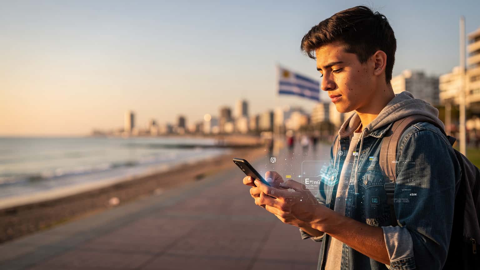 Una persona sonríe mientras revisa su teléfono con la rambla de Montevideo y el Río de la Plata de fondo, disfrutando de la conexión con su eSIM.