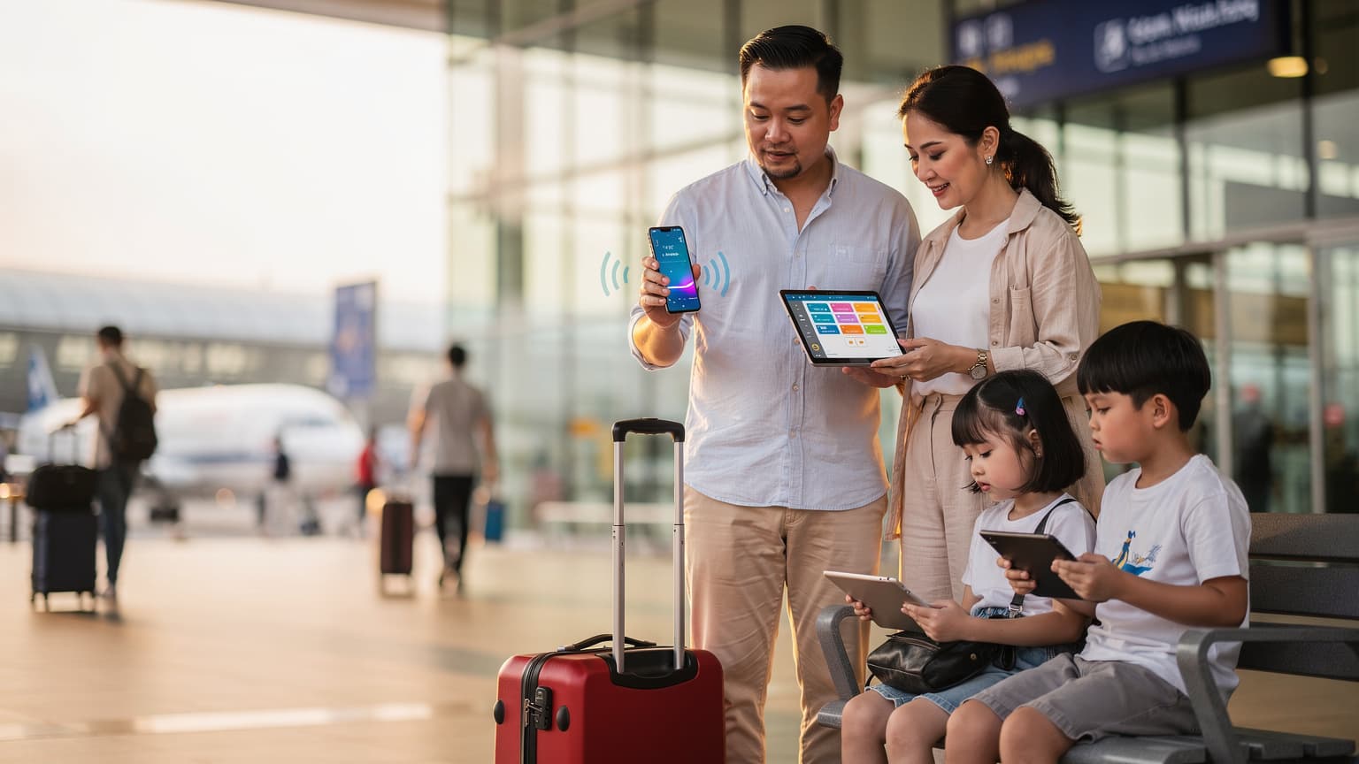 Một gia đình gồm bố, mẹ và hai con nhỏ đang đứng tại quầy check-in ở sân bay quốc tế Changi Singapore, nhìn vào điện thoại với vẻ mặt phấn khởi, chuẩn bị cho chuyến bay quốc tế.