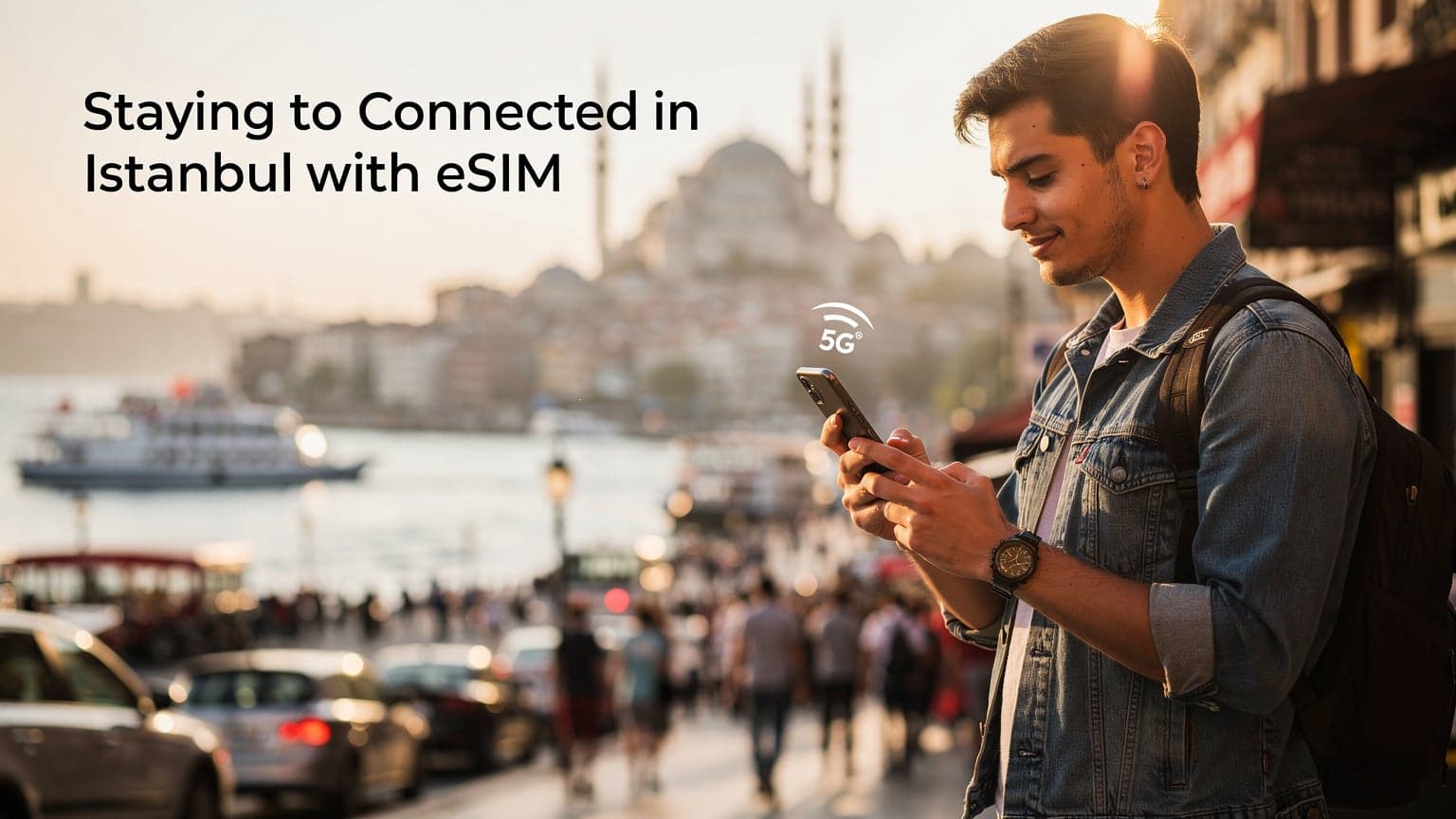 Galata Kulesi'nin silüeti önünde, güneş batarken elinde akıllı telefonuyla İstanbul haritasına bakan genç bir kadın.