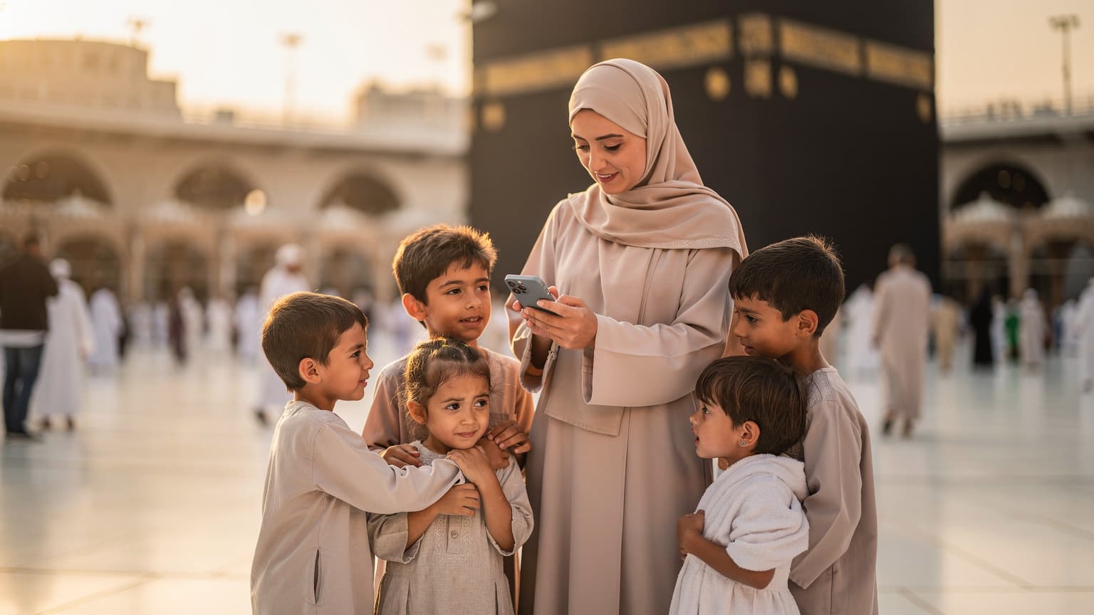 أم عربية مبتسمة ترتدي عباءة وتنظر إلى هاتفها الذكي، بينما يحمل طفلها لوحاً رقمياً، في ساحة الحرم المكي الشريف مع الكعبة المشرفة في الخلفية، وقت الفجر مع إضاءة دافئة.