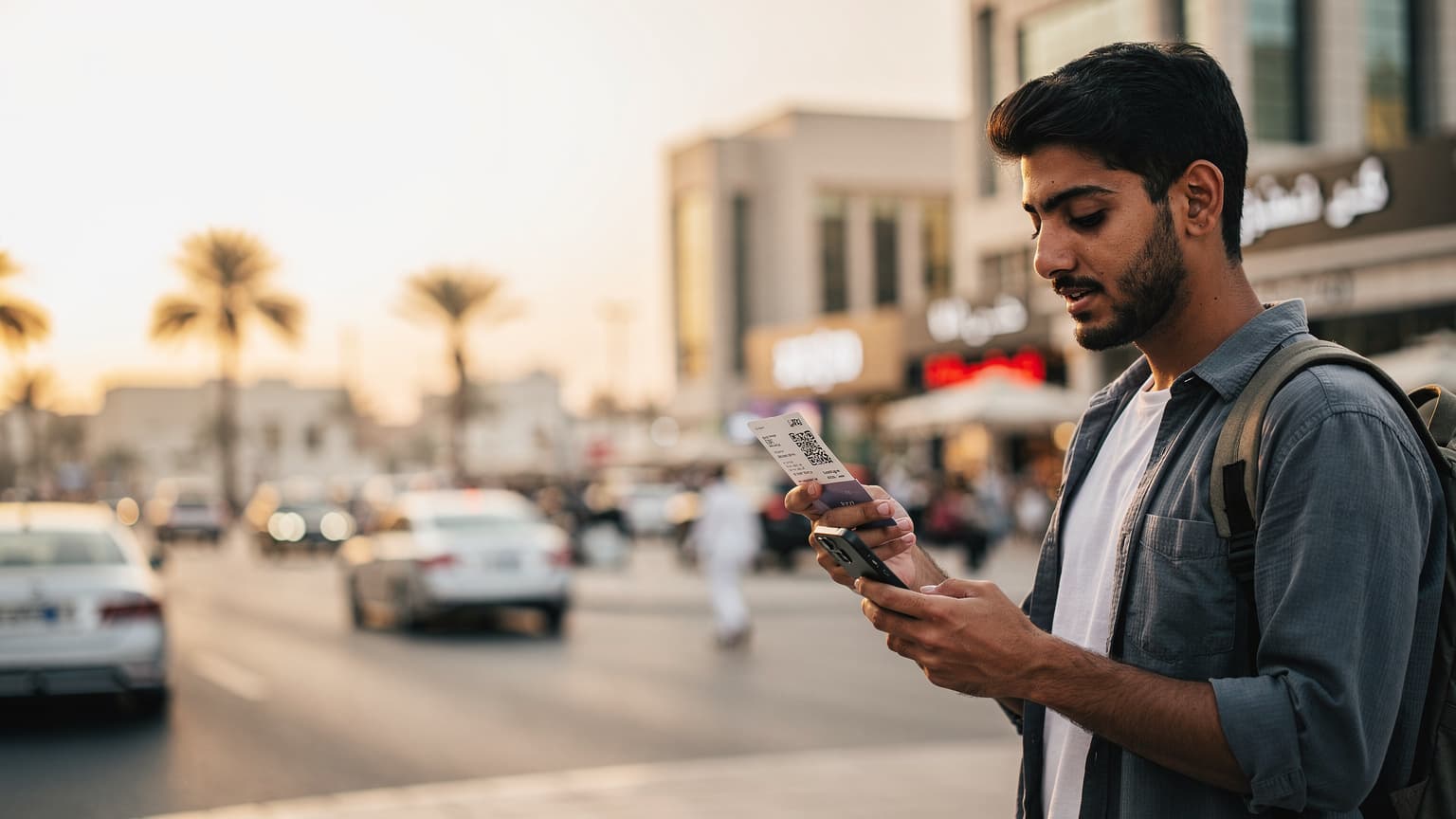 شاب سعودي يستعرض هاتفه الذكي أمام نافذة مطلة على برج المملكة في الرياض، يظهر على وجهه تركيز وهو يتصفح الخيارات المتاحة لشرائح eSIM.