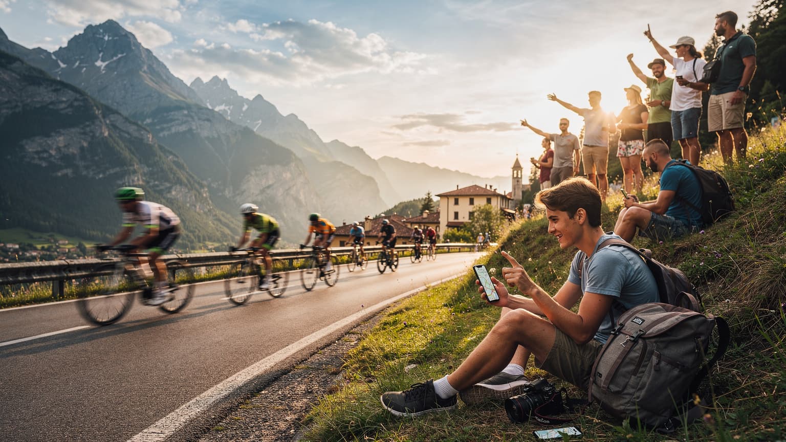 Een vrouw met een zonnehoed kijkt op haar telefoon naar de Tour de France route, zittend op een terrasje in een pittoresk Frans dorpje in de Provence, met lavendelvelden en glooiende heuvels op de achtergrond.