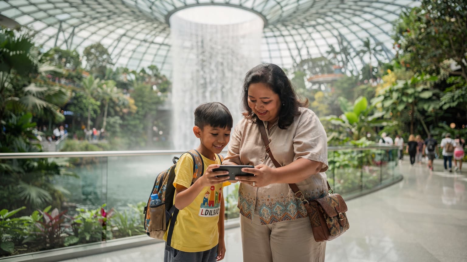 Seorang ibu dan anaknya sedang tersenyum riang sambil melihat ponsel di Bandara Changi Singapura, dengan latar belakang Jewel Changi yang ikonik.