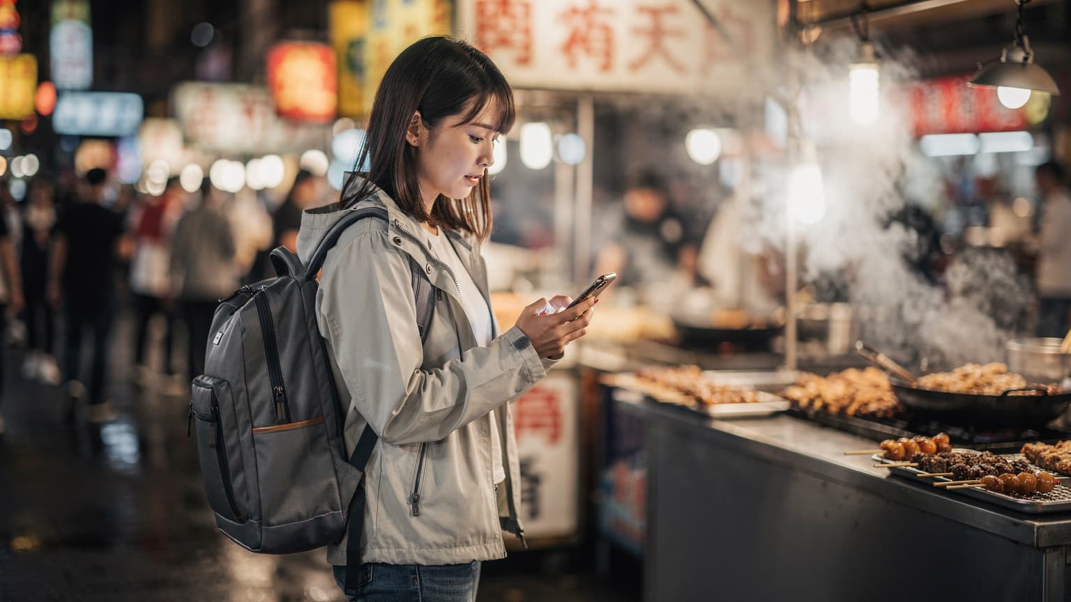 台湾の賑やかな夜市で、iPhoneを使ってeSIM設定を確認している若い日本人旅行者。周囲には屋台の灯りが輝き、活気に満ちた雰囲気が漂っている。