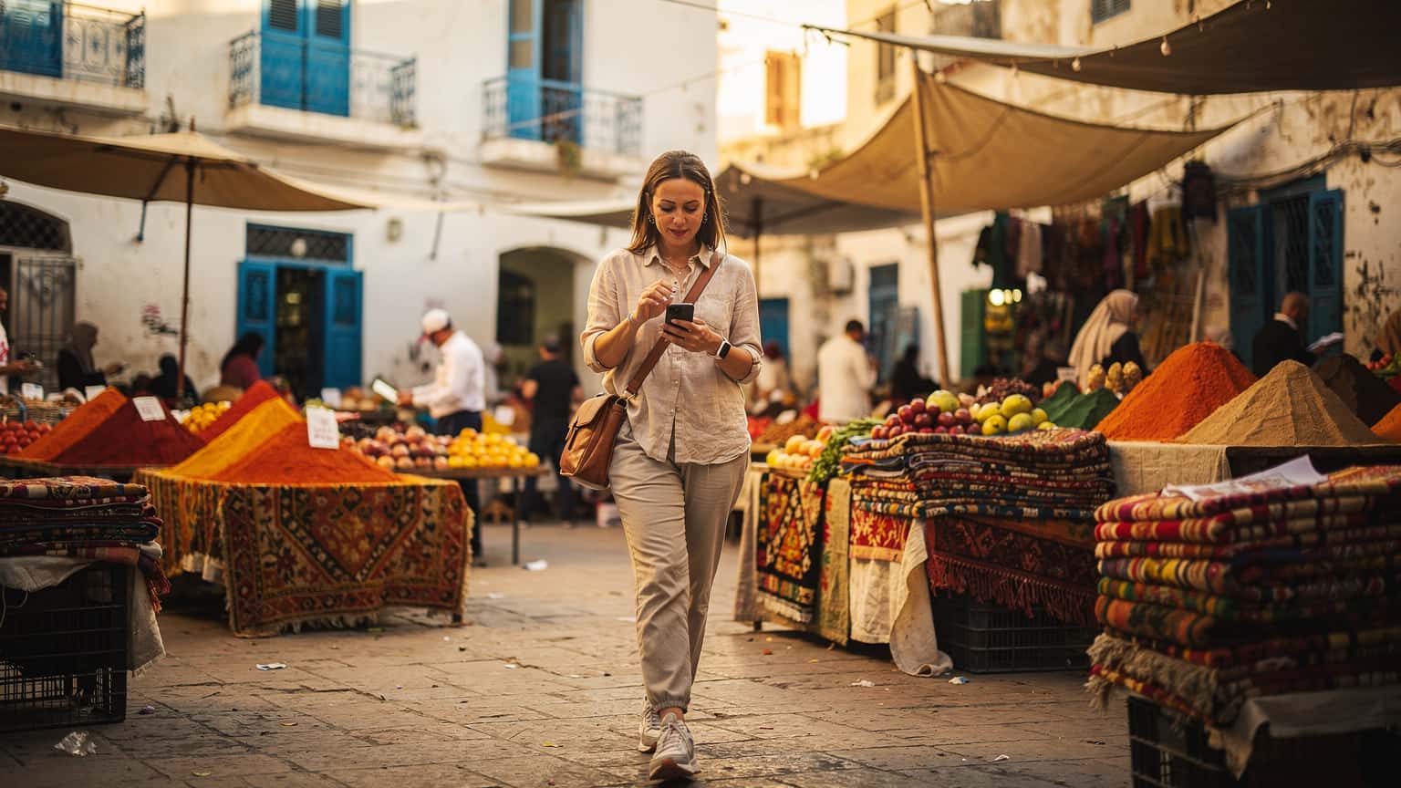 A woman confidently navigating a bustling street market in Algiers, Algeria, holding her smartphone, with traditional textiles and spices visible in the background.