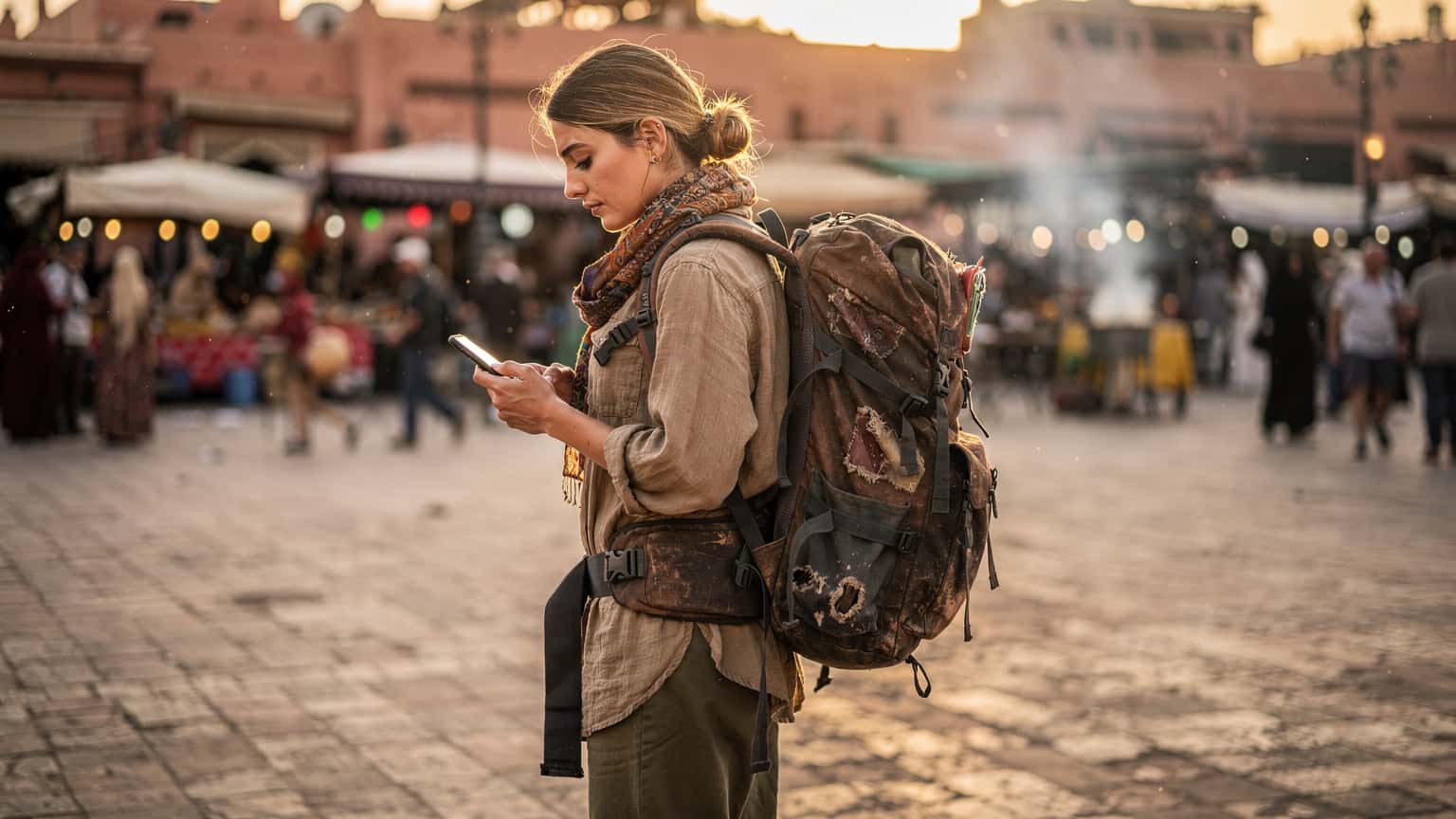 A budget backpacker stands in the bustling Jemaa el-Fna square in Marrakech, checking her phone for directions while a street food vendor prepares tagine in the background.