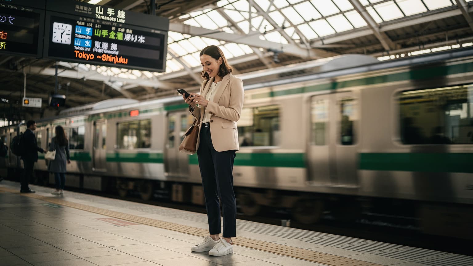 A traveler is seen effortlessly using their iPhone with an eSIM at a bustling train station in Tokyo, Japan, checking train times on a large information board.
