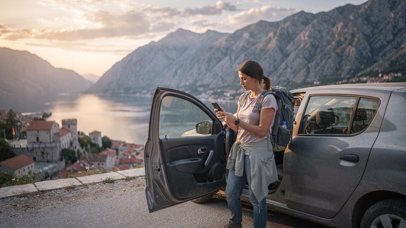 O turistă româncă navighează pe telefon în timp ce stă lângă mașina ei, cu peisajul muntos spectaculos al Muntenegrului în fundal, la apus.